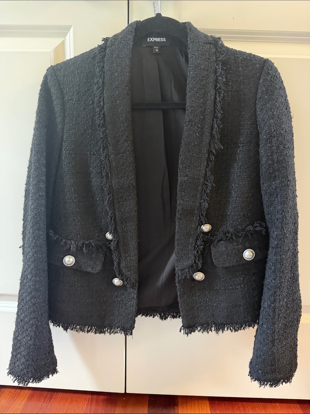 Express Black Tweed Fringed Blazer with Buttons
